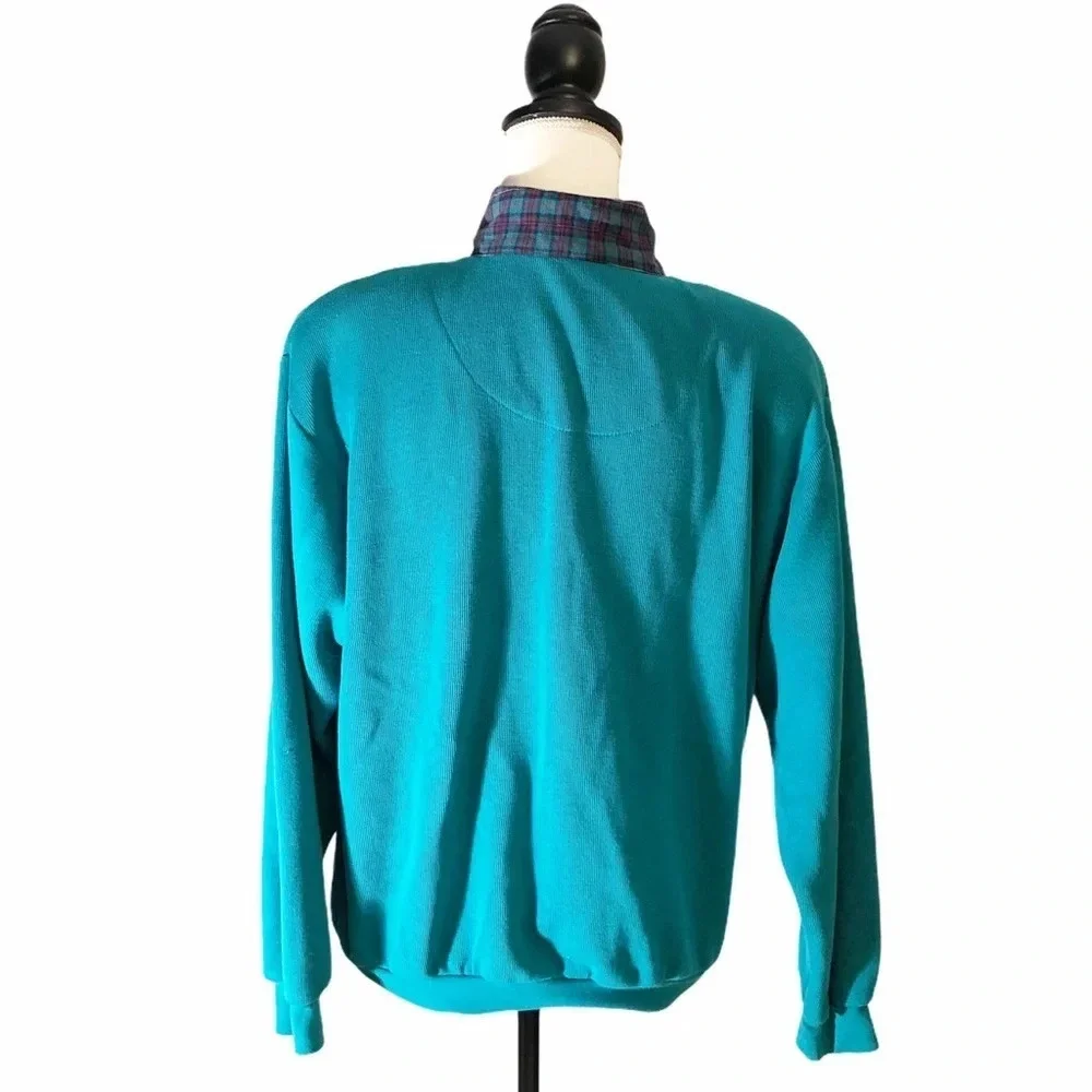 KORET SPORT Vintage Turquoise Pullover Funnel Neck Zip Plaid Patchwork Sweater